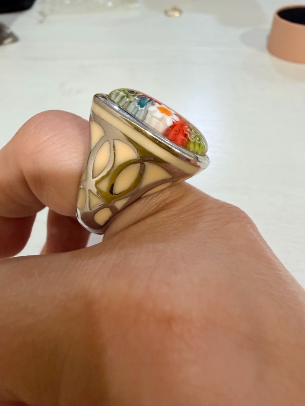Floral Millefiori Glass Statement Ring - Green & Orange - Picture 2 of 3